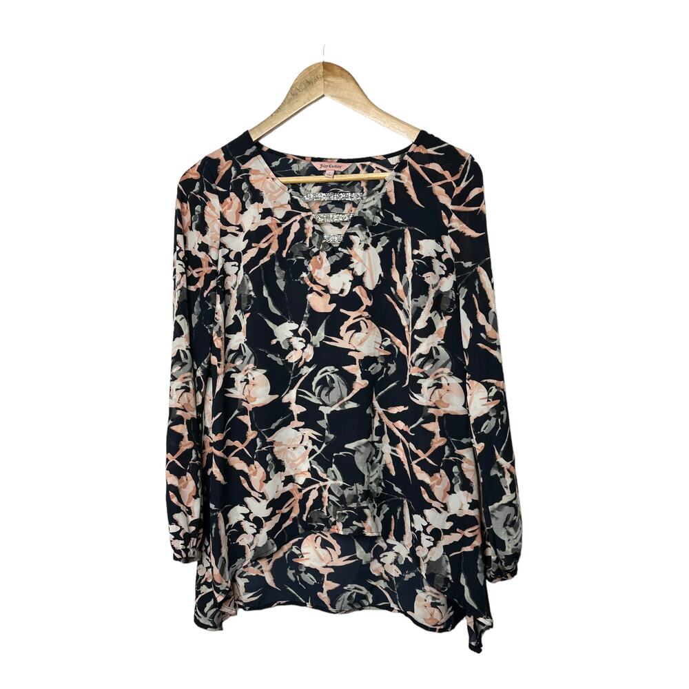 Juicy Couture Pillow Talk Floral Love Black & Pink Floral Tunic Top Size Small